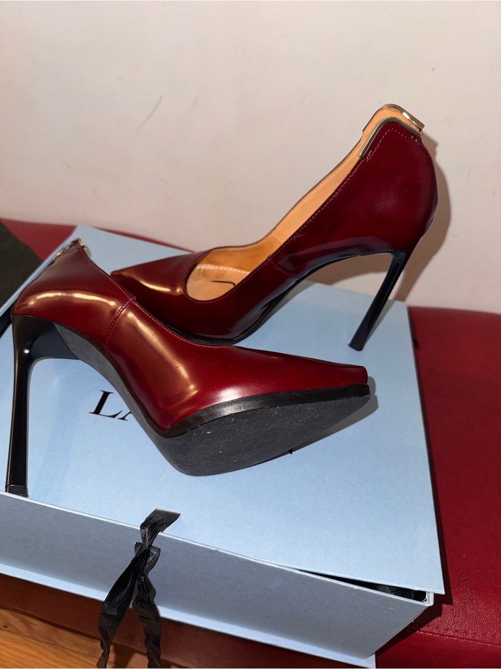 Lanvin Wine Red Patent Leather Pointed Pumps with Gold Heel Tab - Picture 4 of 8